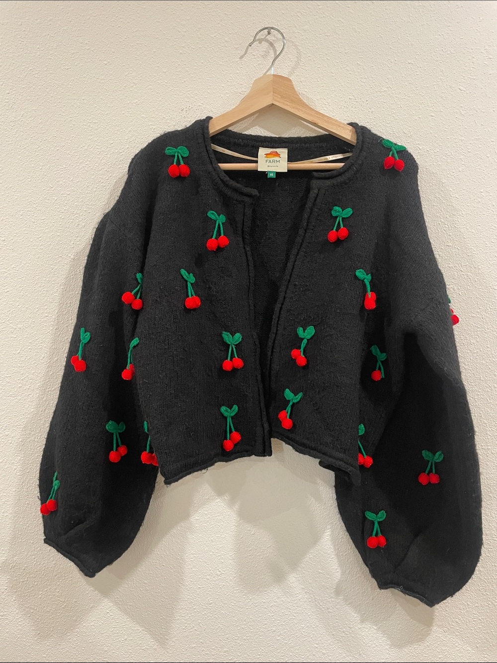 FARM Rio Anthropologie Crochet Cherry Embroidered Sweater Black Cardigan XS - Picture 5 of 15